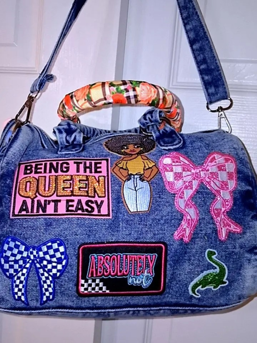 Denim Patchwork Satchel Bag - Blue